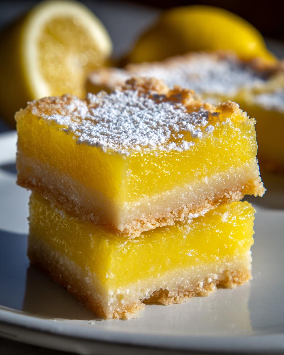 Two bright yellow lemon bars stacked on a white plate, dusted with powdered sugar. Part of dessert recipes with lemon bars and bright citrus flavor.