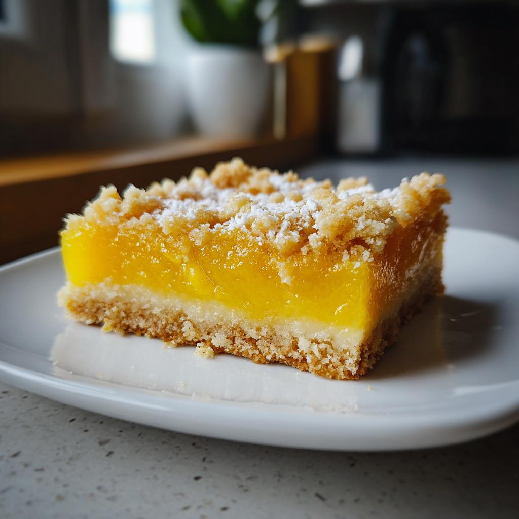 A close-up of a single lemon bar with a bright yellow citrus filling, crumb topping, and a dusting of powdered sugar.