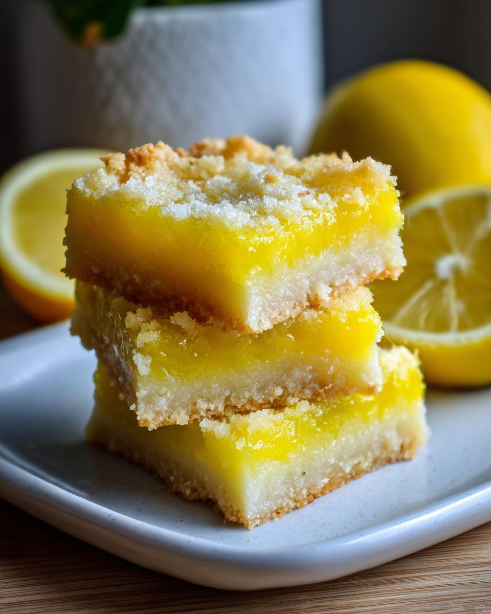 A stack of three delicious lemon bars with a bright citrus flavor, topped with crumble.