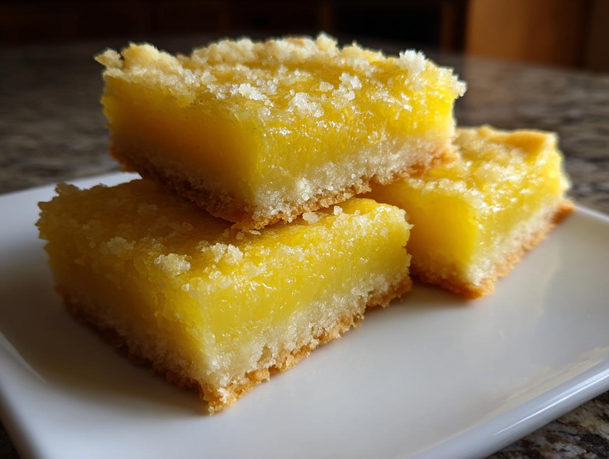 A stack of three bright yellow lemon bars with a crumbly crust and a dusting of sugar, showcasing their vibrant citrus flavor.