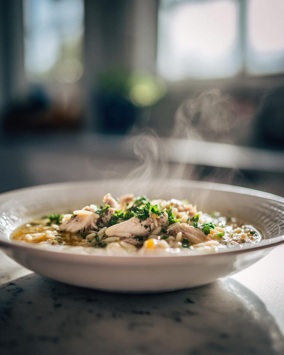 A steaming bowl of Lemon Chicken Orzo Soup with fresh herbs, featuring tender chicken and orzo pasta.