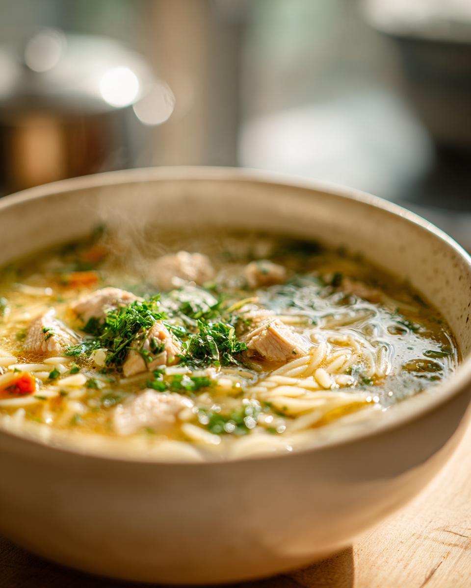 A steaming bowl of Lemon Chicken Orzo Soup with Fresh Herbs, featuring tender chicken, orzo pasta, and vibrant green herbs.