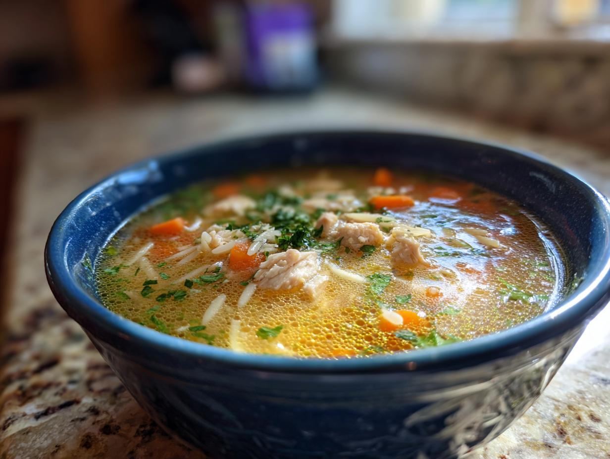 A close-up of a bowl of Lemon Chicken Orzo Soup With Fresh Herbs, featuring tender chicken, orzo pasta, carrots, and fresh herbs.