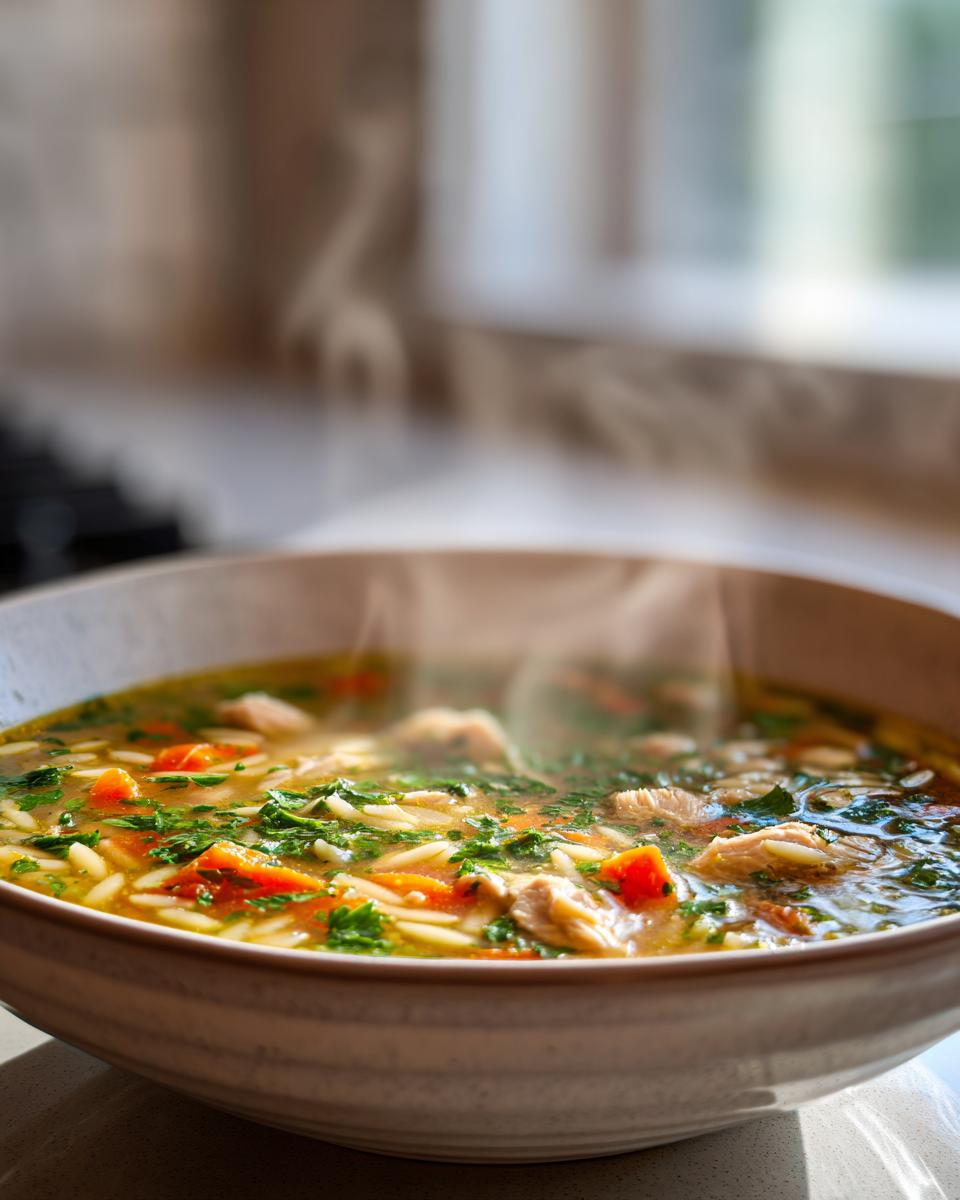 A steaming bowl of Lemon Chicken Orzo Soup With Fresh Herbs, filled with chicken, orzo pasta, carrots, and parsley.