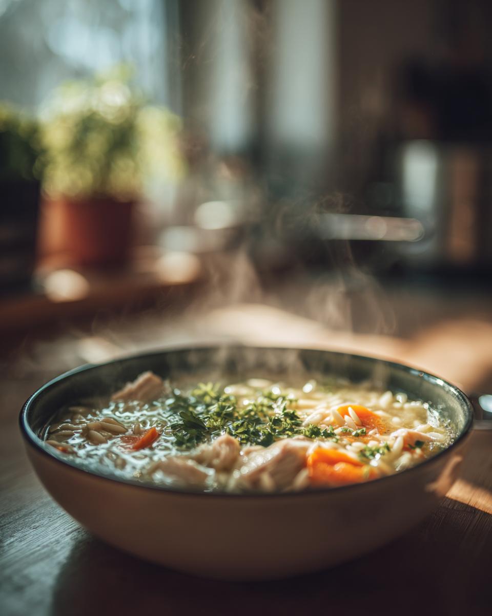 A steaming bowl of Lemon Chicken Orzo Soup with fresh herbs, chicken pieces, and carrots.