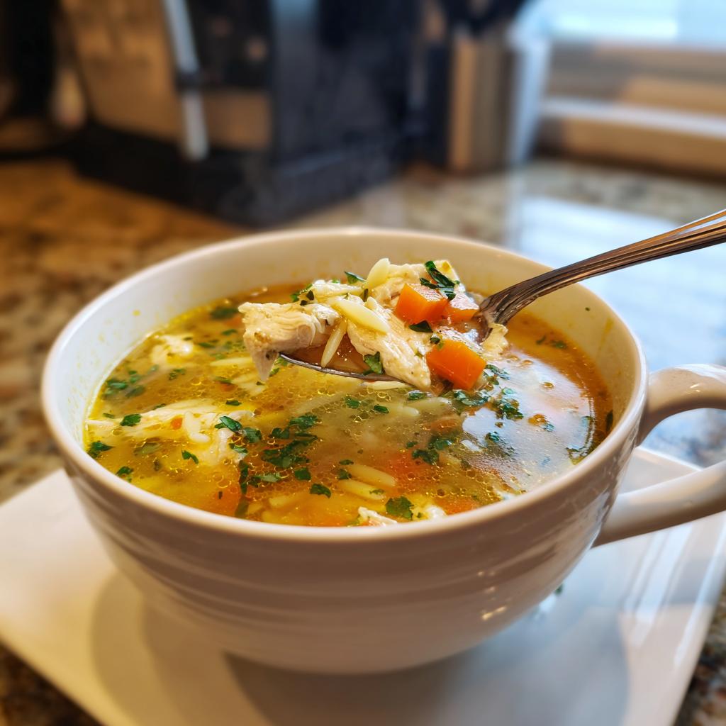 A spoonful of Lemon Chicken Orzo Soup with fresh herbs, showing shredded chicken, orzo pasta, and diced carrots.
