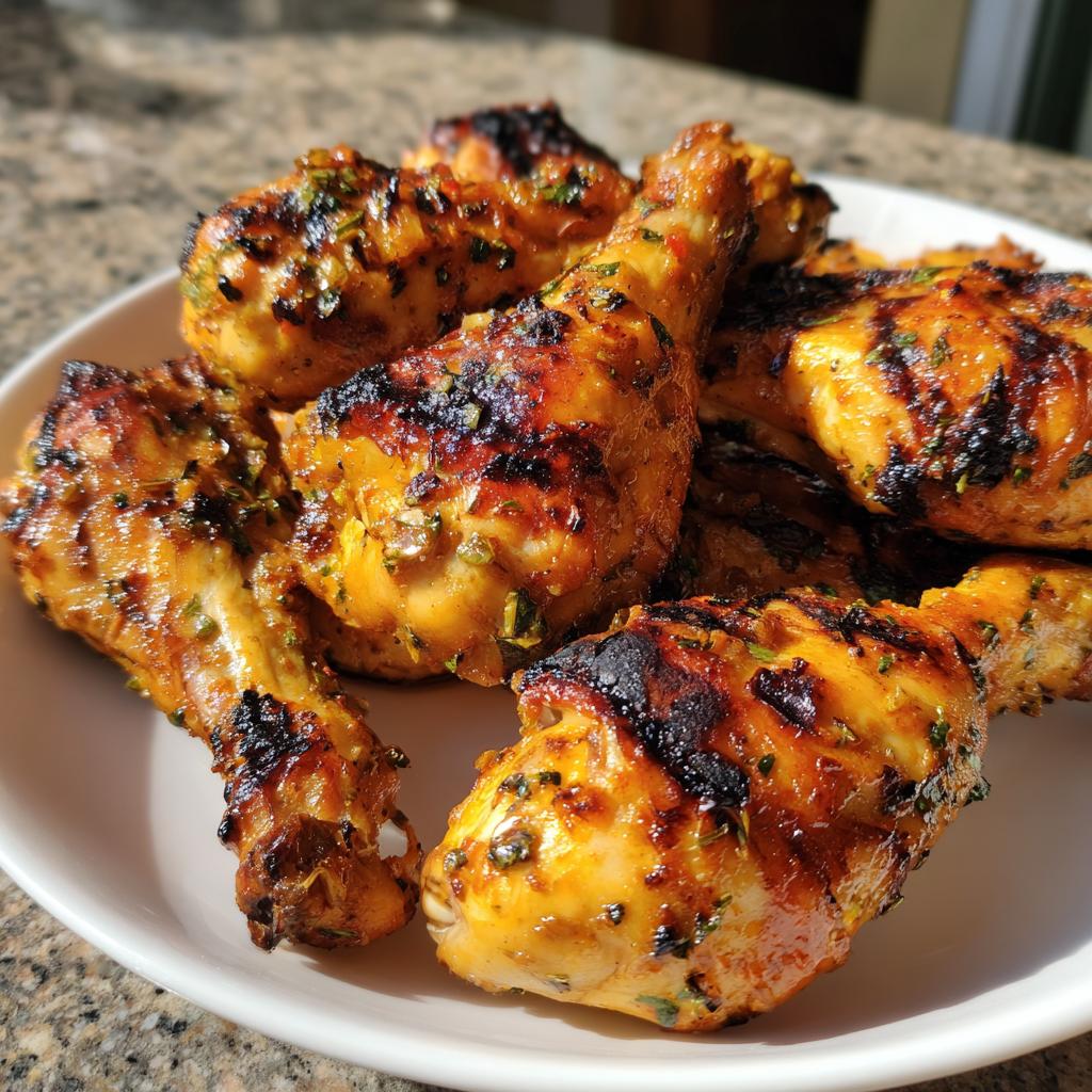A pile of juicy, grilled lemon garlic drumsticks with char marks and herbs, ready for a cookout.