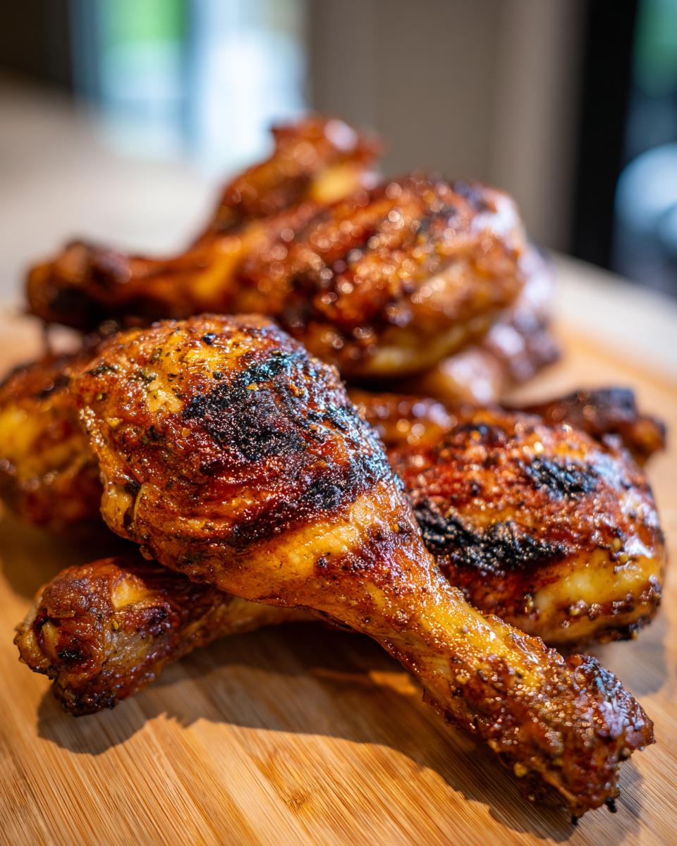 Close-up of grilled lemon garlic drumsticks with a golden-brown, slightly charred skin, piled on a wooden board.