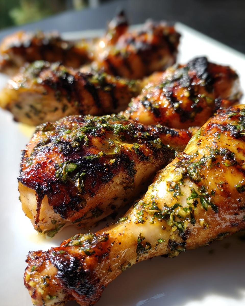 Close-up of grilled lemon garlic drumsticks, seasoned with herbs, ready for a family cookout.