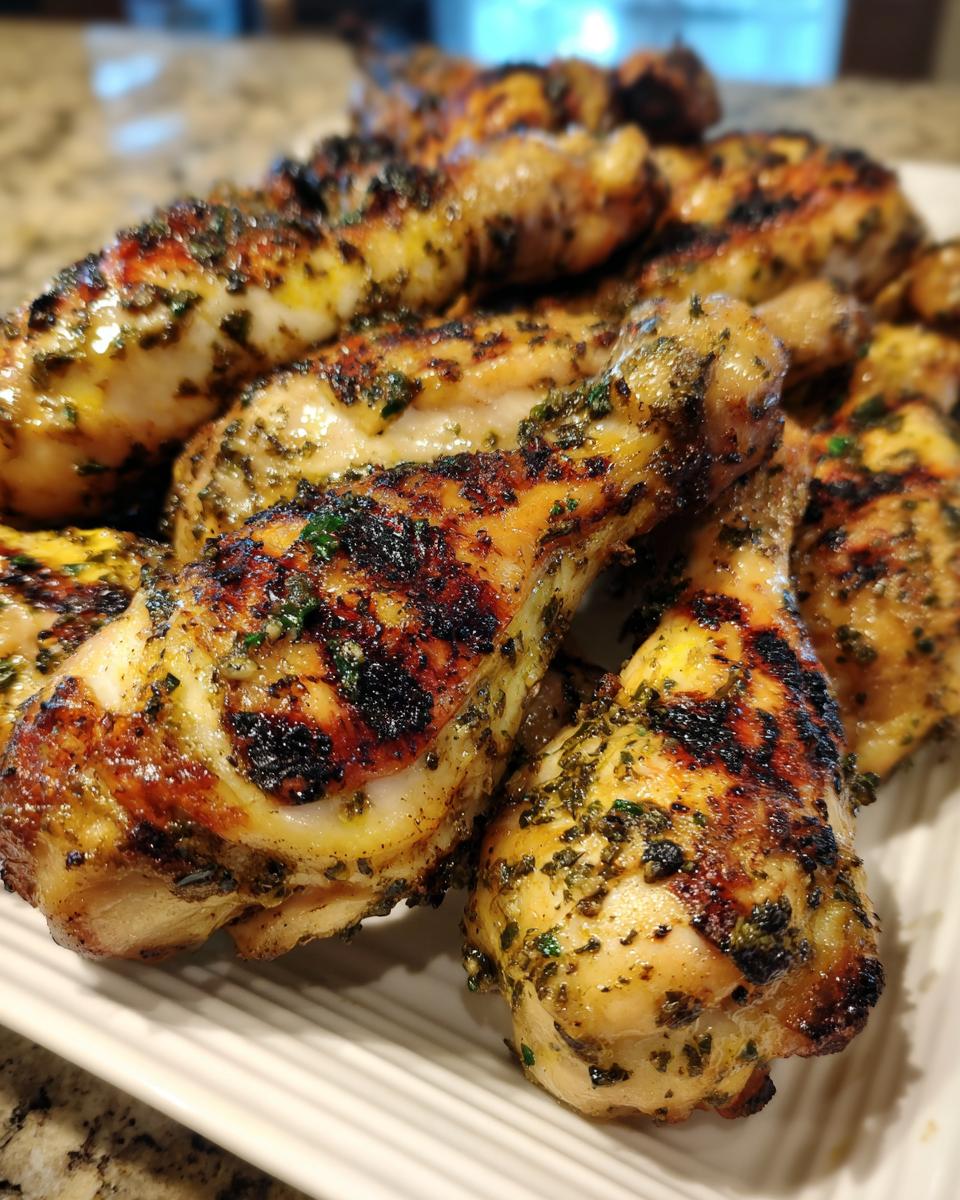 Close-up of perfectly grilled lemon garlic drumsticks, seasoned with herbs and slightly charred.