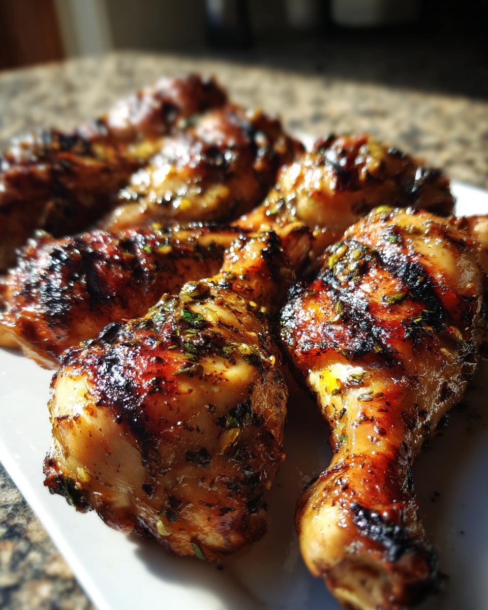 Close-up of perfectly grilled lemon garlic drumsticks with herbs and char marks, ready for a cookout.