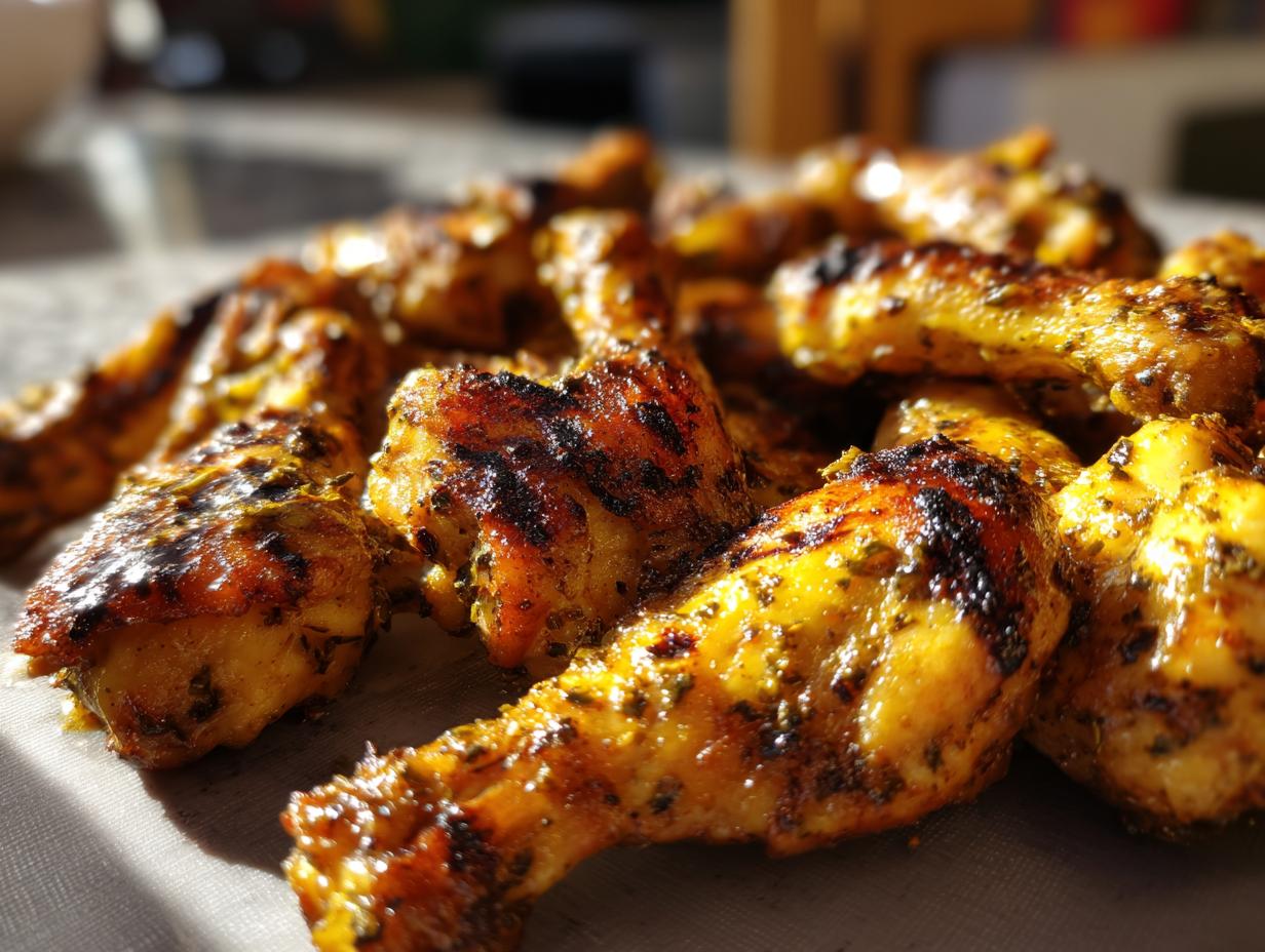 Close-up of perfectly grilled lemon garlic drumsticks with char marks and herbs.