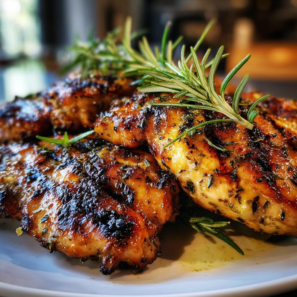 Close-up of perfectly grilled chicken breasts with lemon and herbs, a delicious recipe.