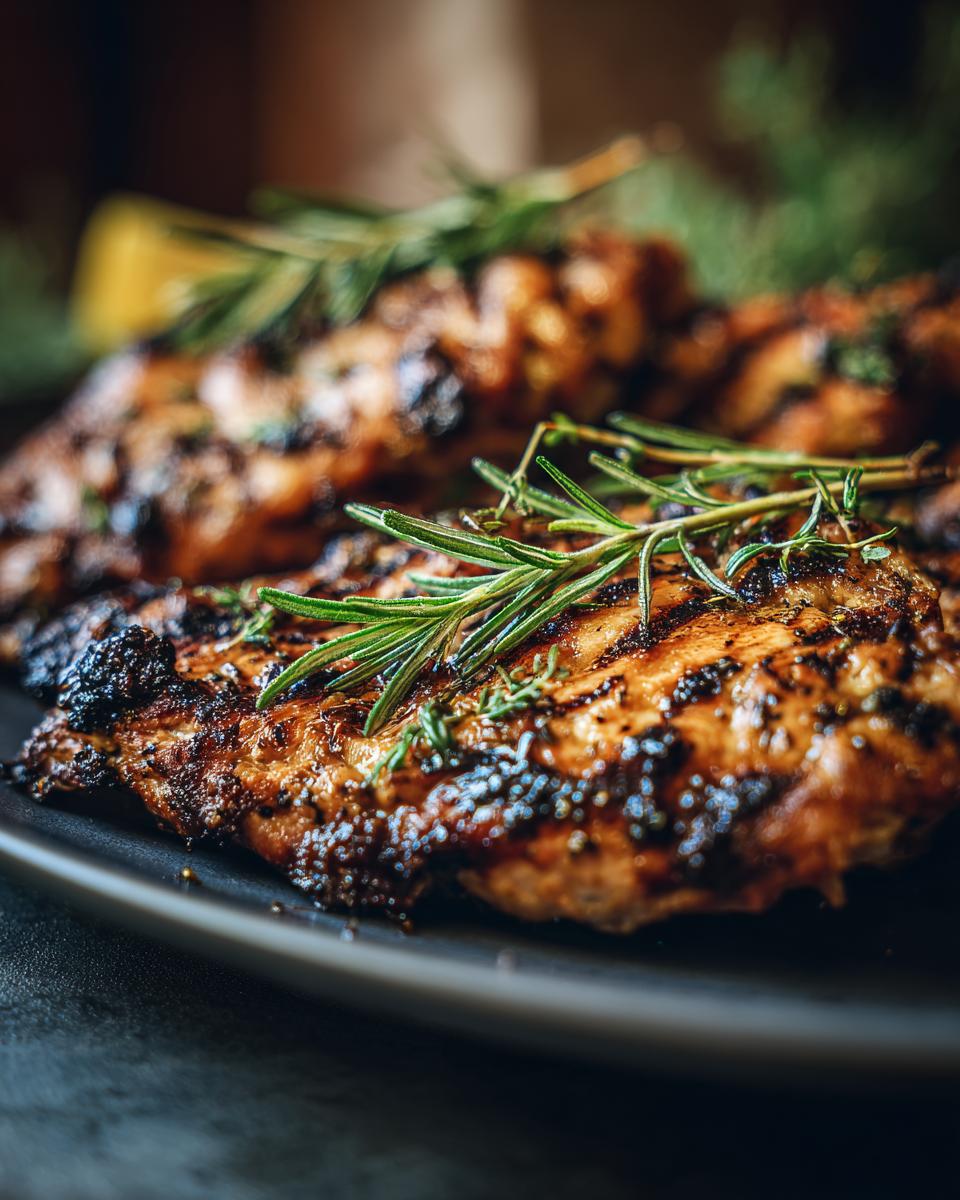 Close-up of grilled chicken breast with lemon and herb seasoning, featuring grill marks and rosemary sprigs.