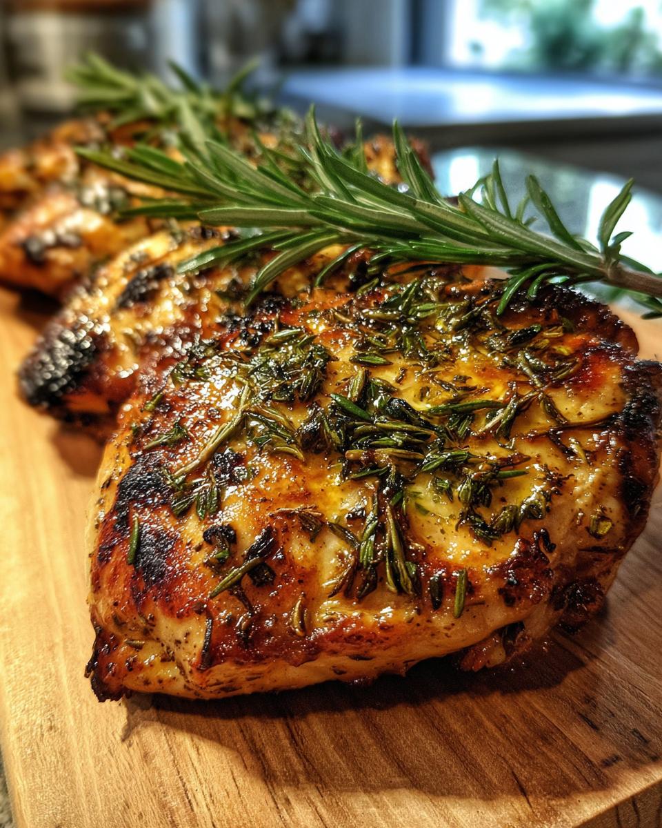 Close-up of grilled lemon herb chicken breast on a wooden board, garnished with rosemary.