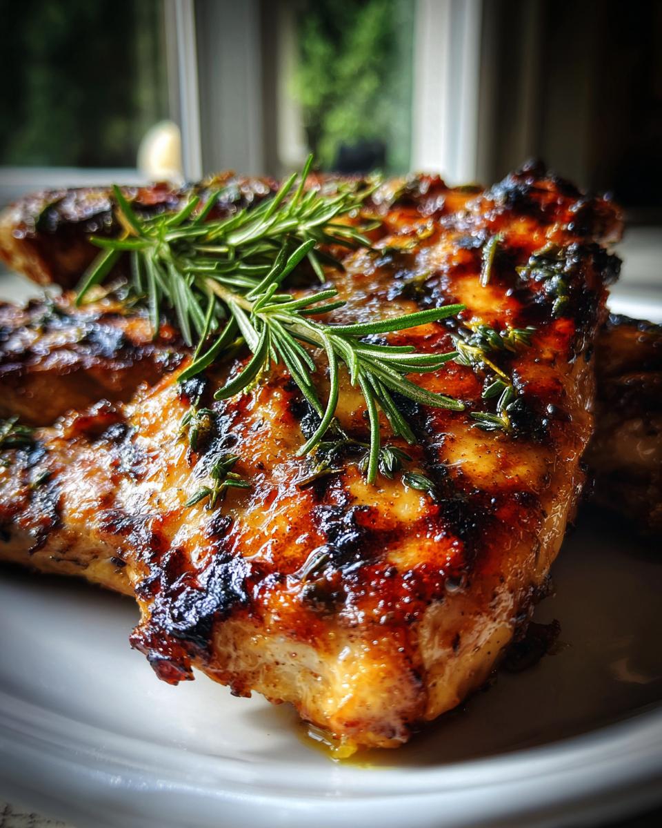 Close-up of perfectly grilled lemon herb chicken breast with rosemary sprigs on a white plate.