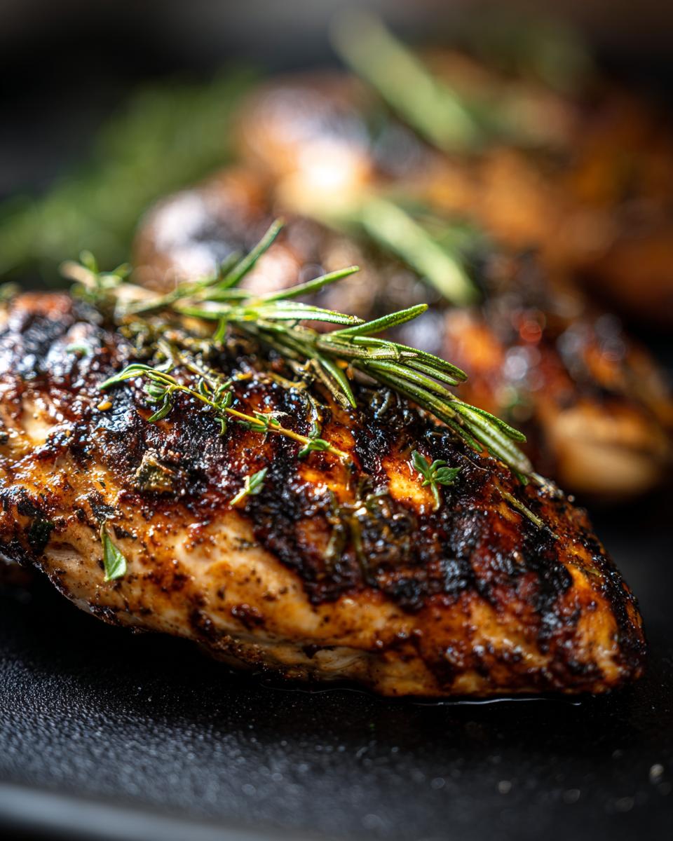 Close-up of a juicy lemon herb grilled chicken breast, garnished with fresh rosemary and thyme.