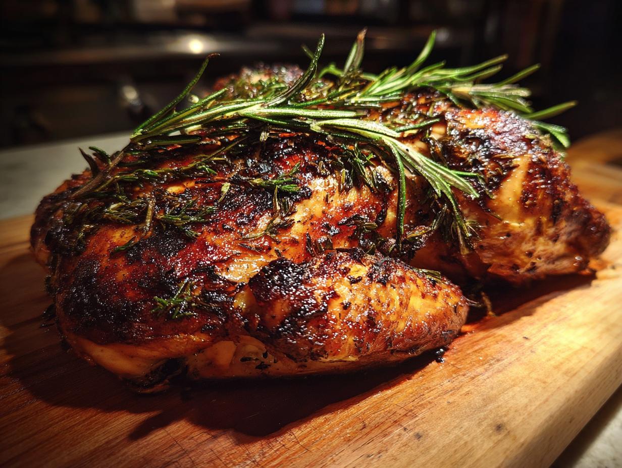 A whole grilled chicken breast seasoned with lemon and herbs, presented on a wooden cutting board.