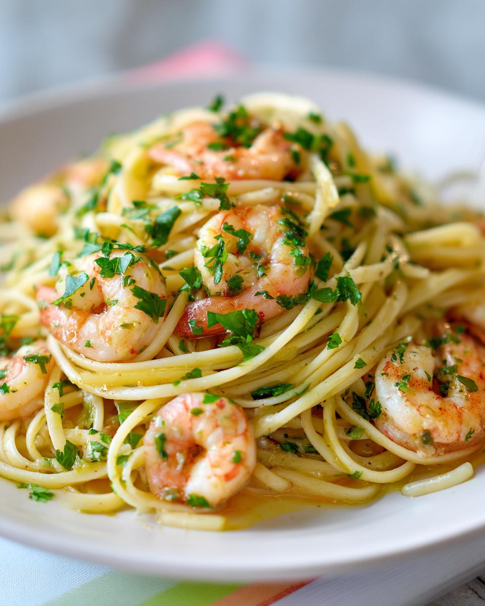 A close-up of a white plate filled with Lemon Shrimp Linguine pasta, garnished with fresh parsley.