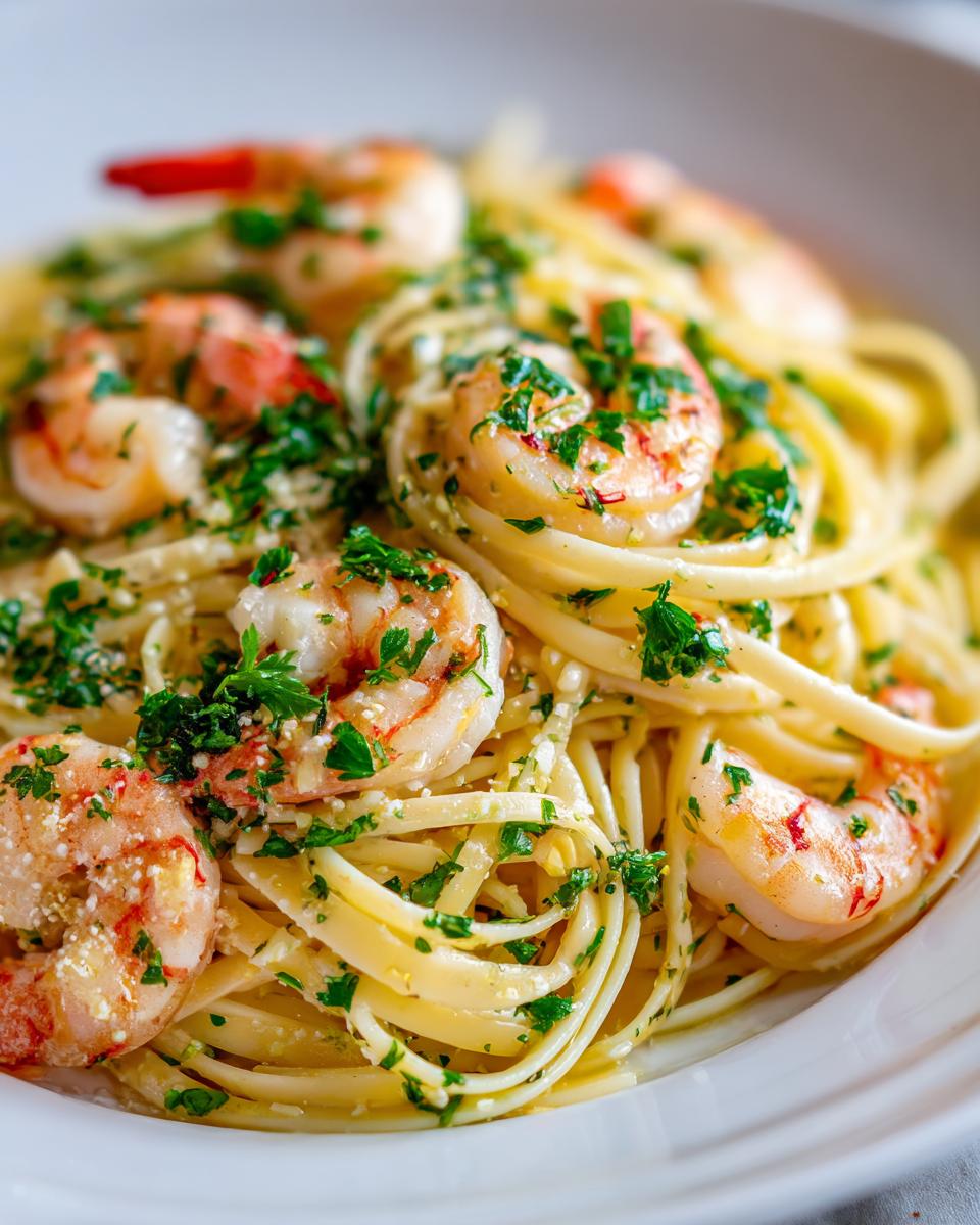 Close-up of Lemon Shrimp Linguine pasta, featuring plump shrimp, linguine noodles, and fresh parsley.