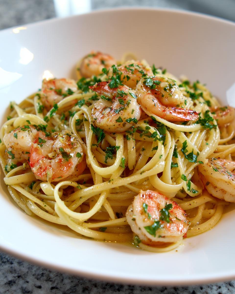 A close-up of a white bowl filled with lemon shrimp linguine pasta, garnished with fresh parsley.