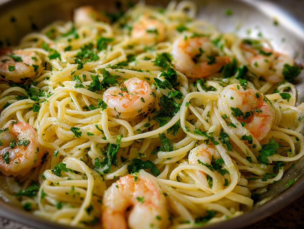Close-up of a bowl of Lemon Shrimp Linguine pasta, featuring plump shrimp and fresh parsley.
