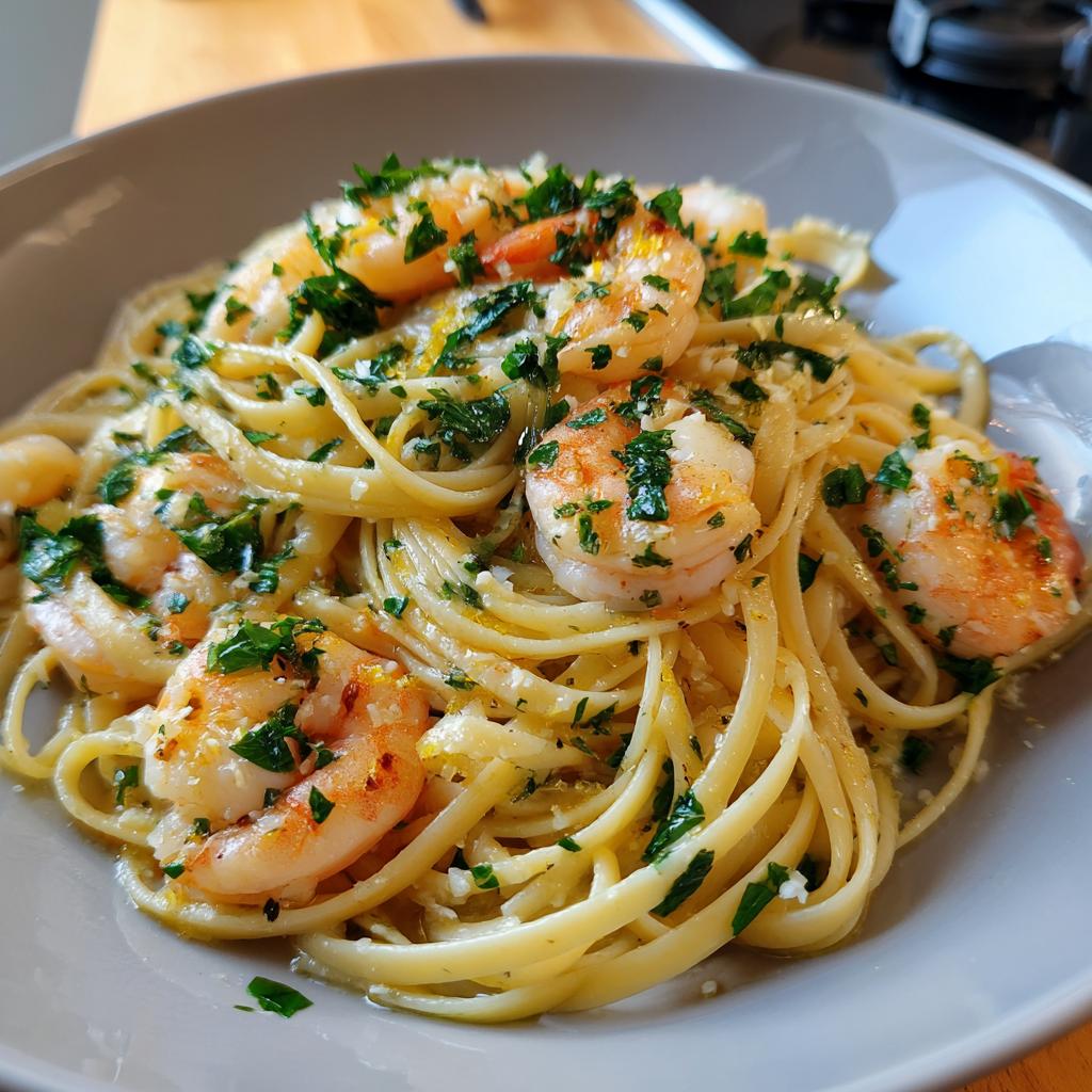 A close-up of a bowl of Lemon Shrimp Linguine pasta, featuring plump shrimp and fresh parsley.