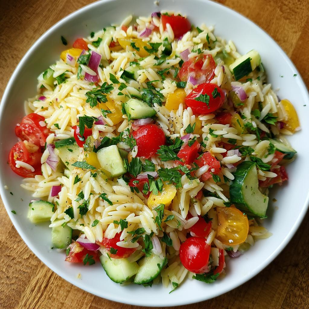 A refreshing bowl of Lemony Orzo Salad with Fresh Veggies, featuring orzo pasta, cherry tomatoes, cucumber, red onion, and parsley.