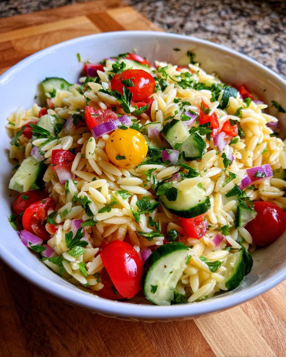 A bowl of lemony orzo salad with fresh veggies including cherry tomatoes, cucumber, red onion, and parsley.