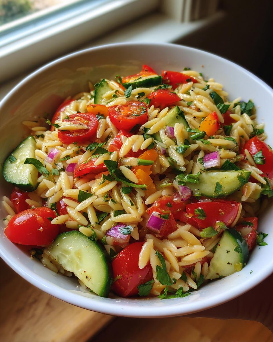 A bowl of lemony orzo salad with fresh veggies including cherry tomatoes, cucumber, red onion, and bell peppers.