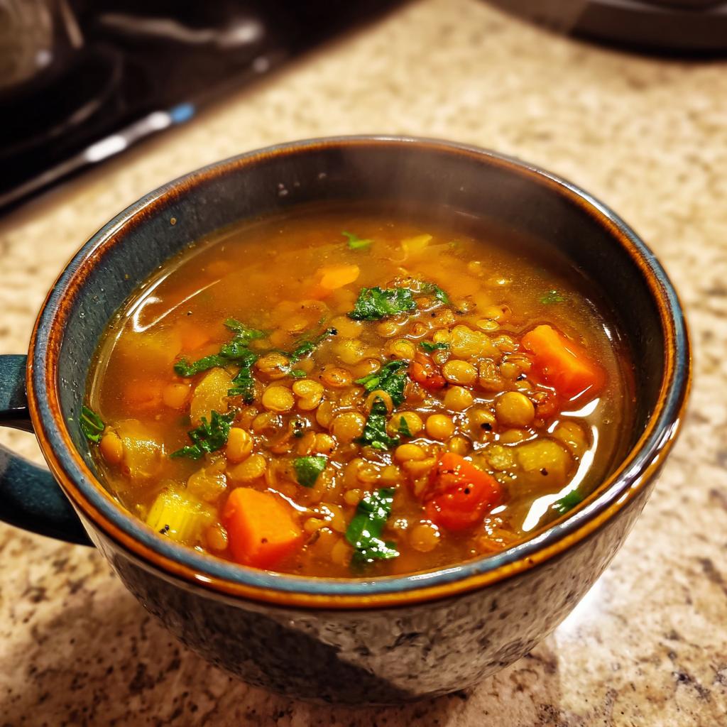 A steaming bowl of lentil vegetable soup, featuring lentils, carrots, celery, and herbs, perfect for meal prep.