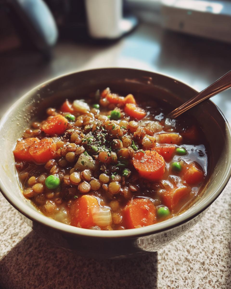 A close-up of a bowl filled with hearty lentil vegetable soup, featuring lentils, carrots, and peas, perfect for meal prep.