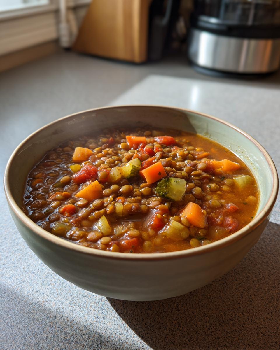 A close-up of a bowl filled with hearty lentil vegetable soup, featuring lentils, carrots, zucchini, and tomatoes.
