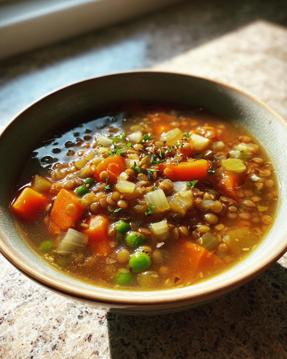 A close-up of a bowl of lentil vegetable soup, featuring lentils, carrots, peas, and celery in a rich broth.