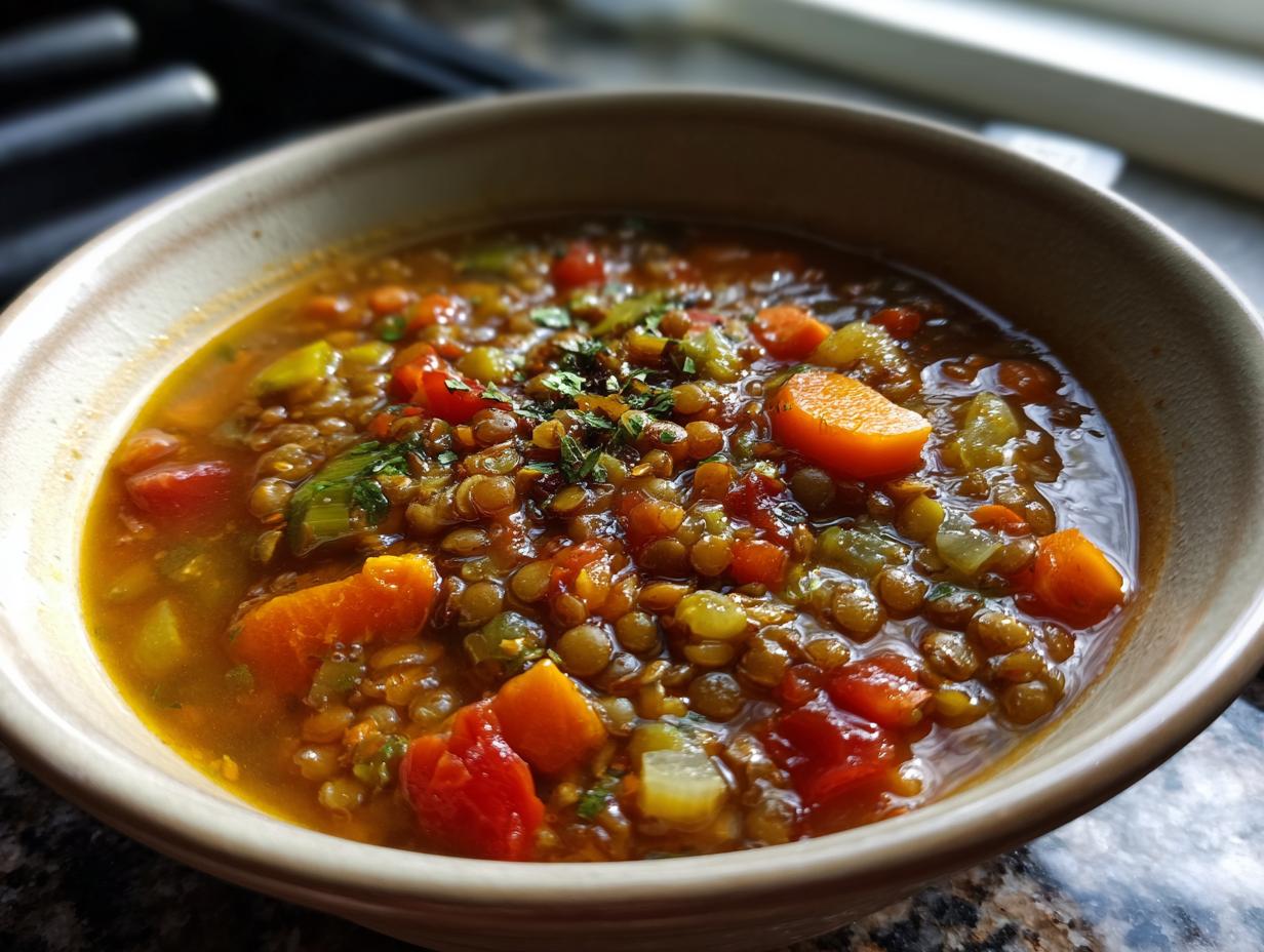 A close-up of a bowl of lentil vegetable soup, featuring lentils, carrots, celery, and tomatoes, perfect for meal prep.