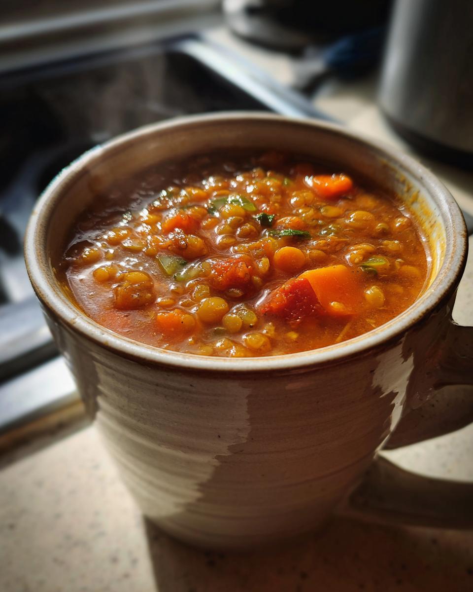 A steaming mug filled with hearty lentil vegetable soup, featuring lentils, carrots, and other vegetables.