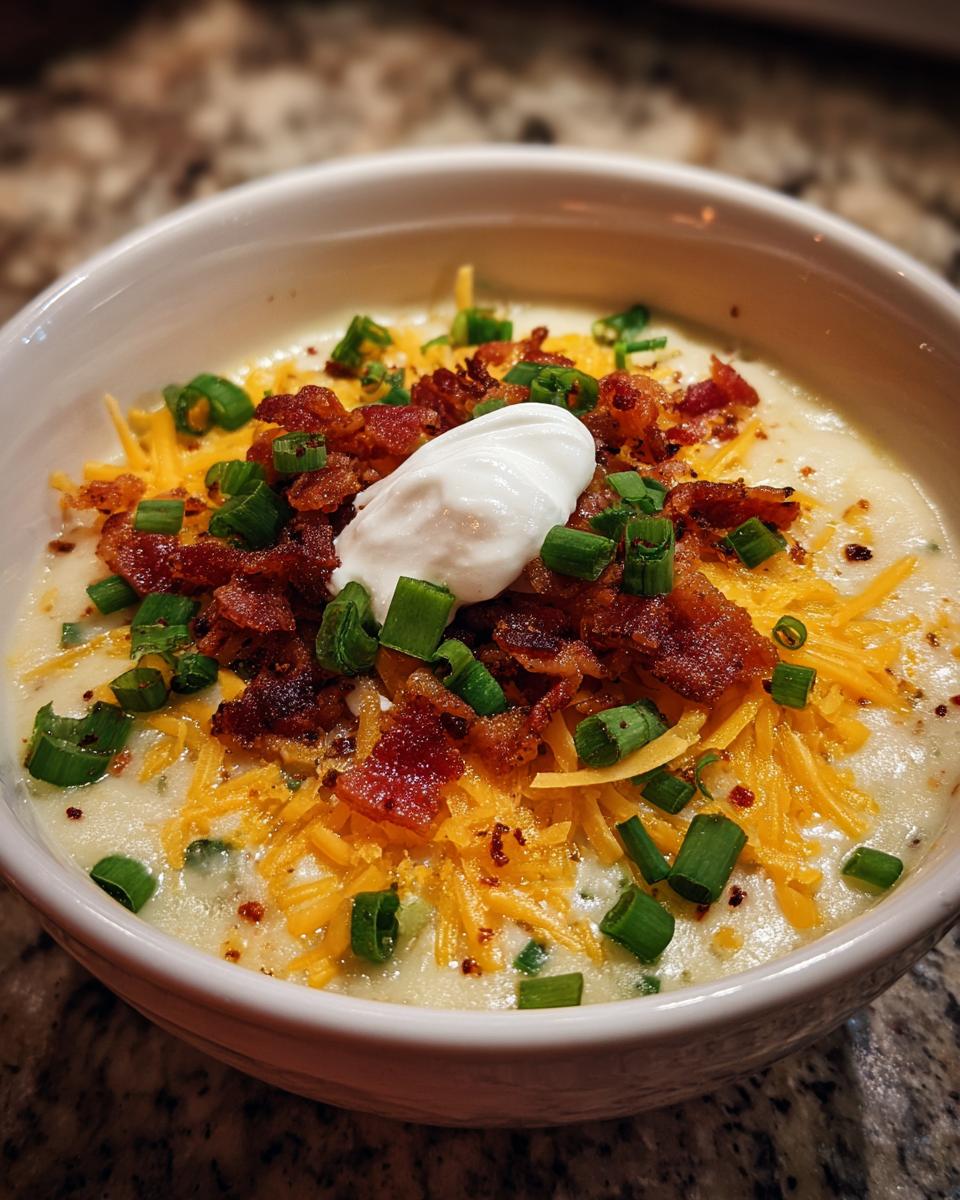A bowl of creamy loaded baked potato soup, topped with shredded cheddar cheese, bacon bits, and green onions.