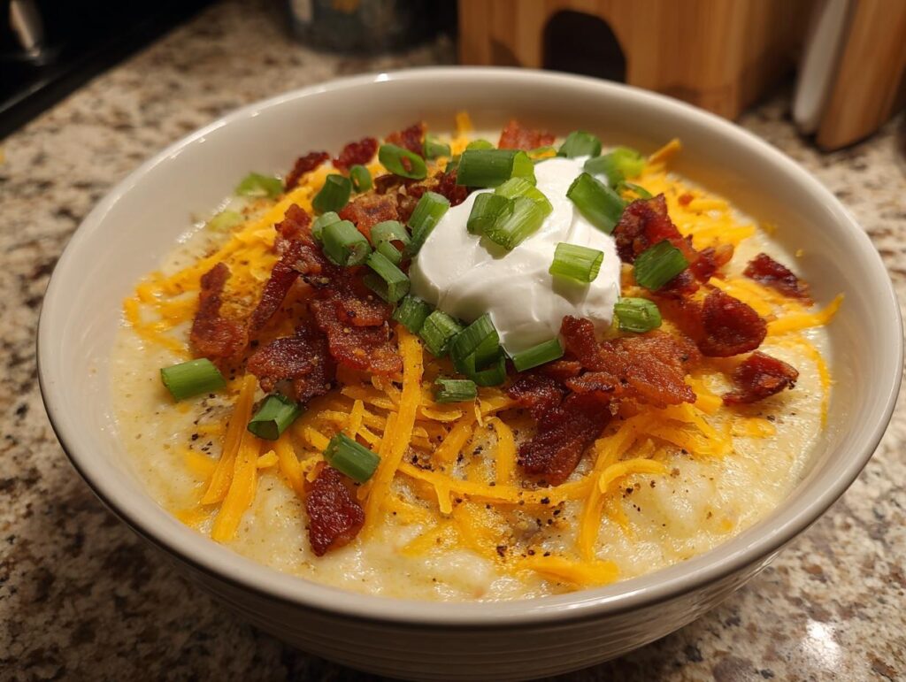 A bowl of loaded baked potato soup, topped with cheese, bacon, sour cream, and chives.