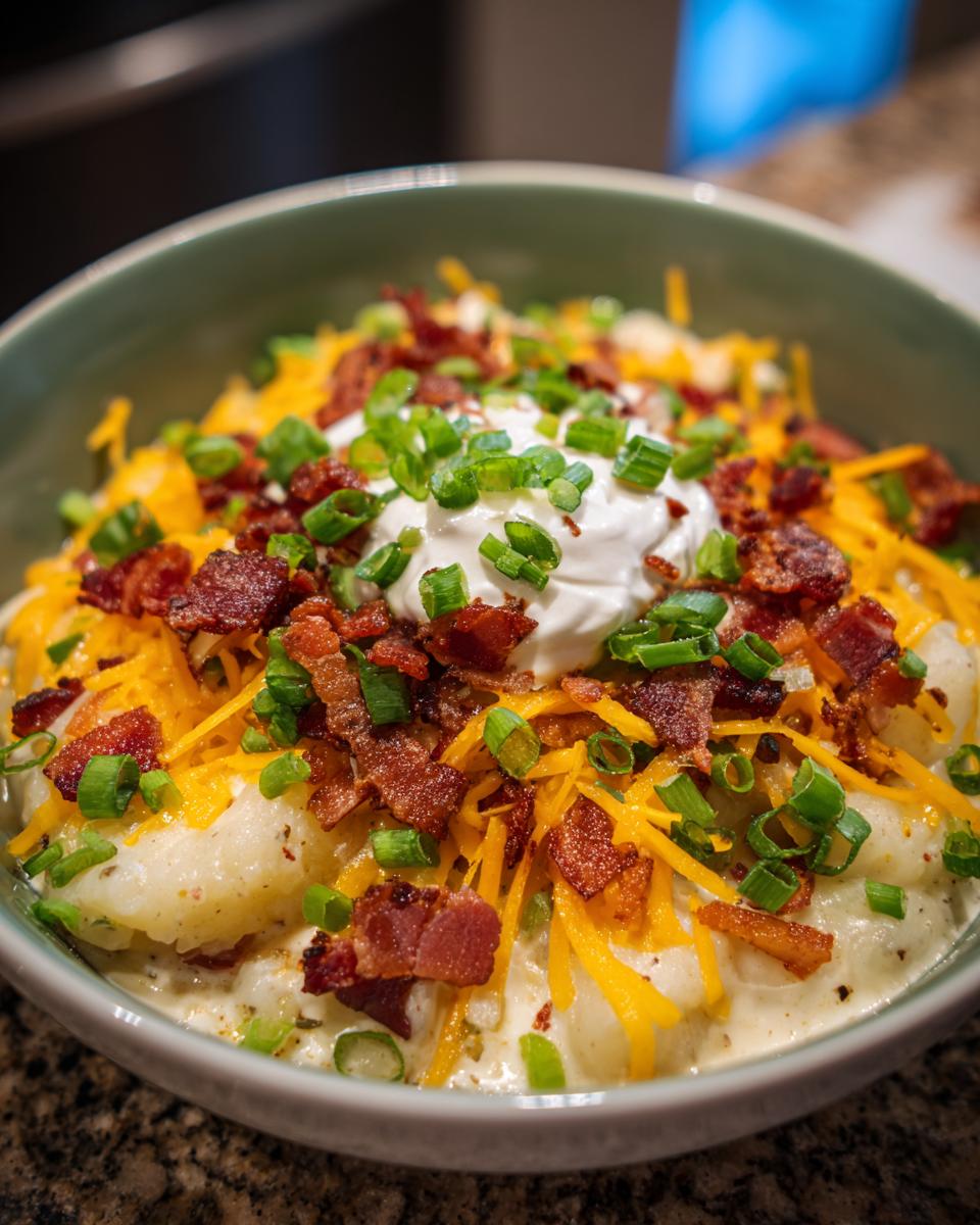 A bowl of loaded baked potato soup with cheese, bacon, sour cream, and chives, perfect for slow cooker recipes.