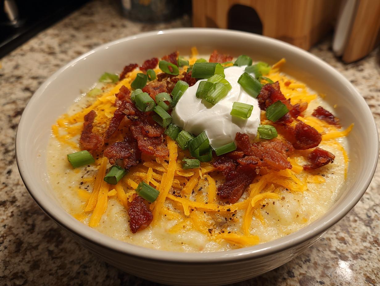 A bowl of loaded baked potato soup, topped with cheese, bacon, sour cream, and chives.