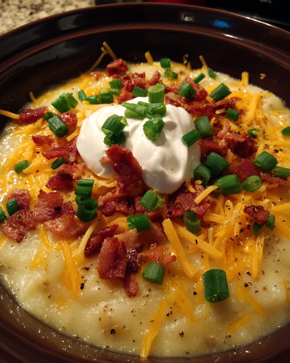 A bowl of loaded baked potato soup topped with sour cream, shredded cheese, bacon, and chives, perfect for slow cooker recipes.
