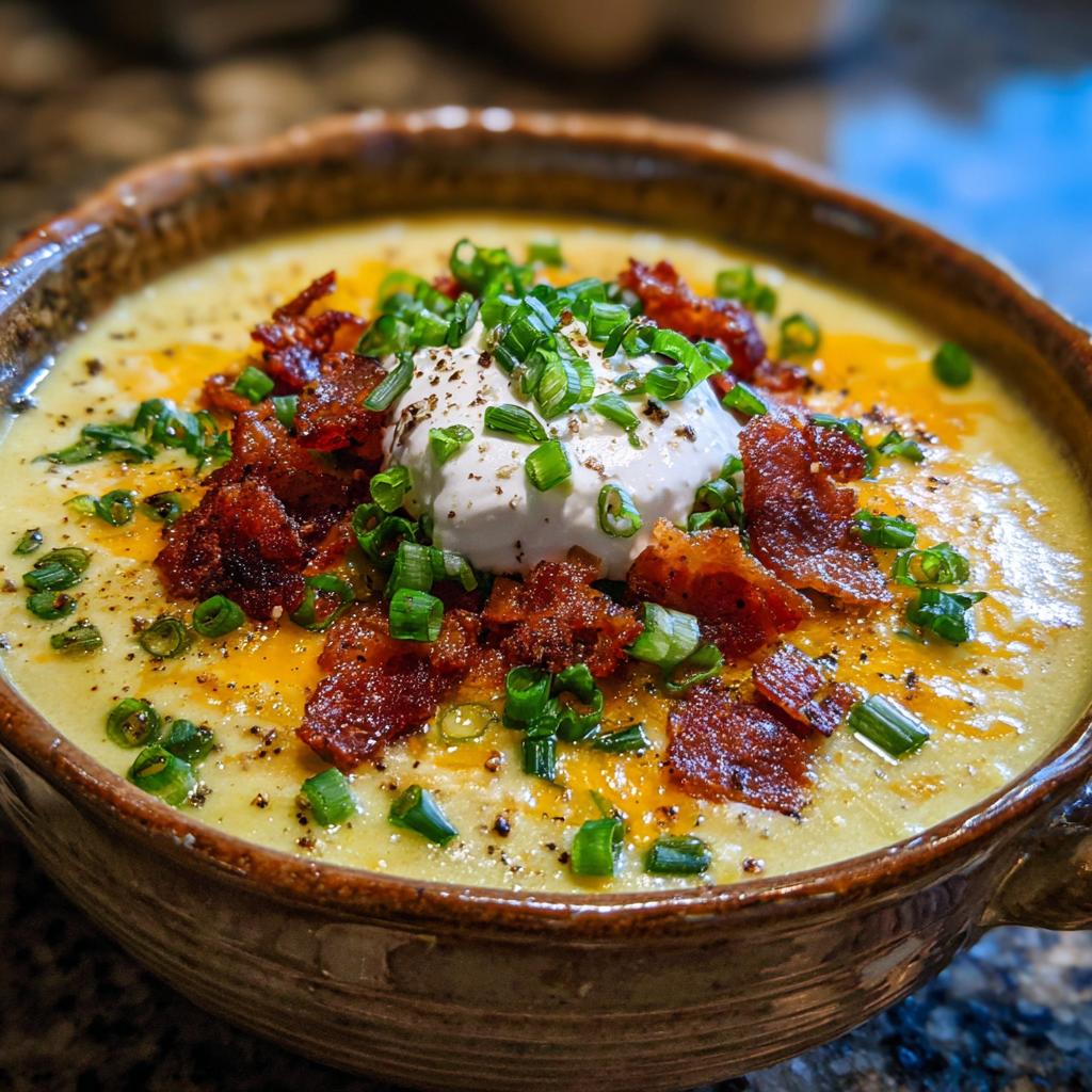 A close-up of a bowl of loaded broccoli cheddar soup, topped with bacon, sour cream, and chives.