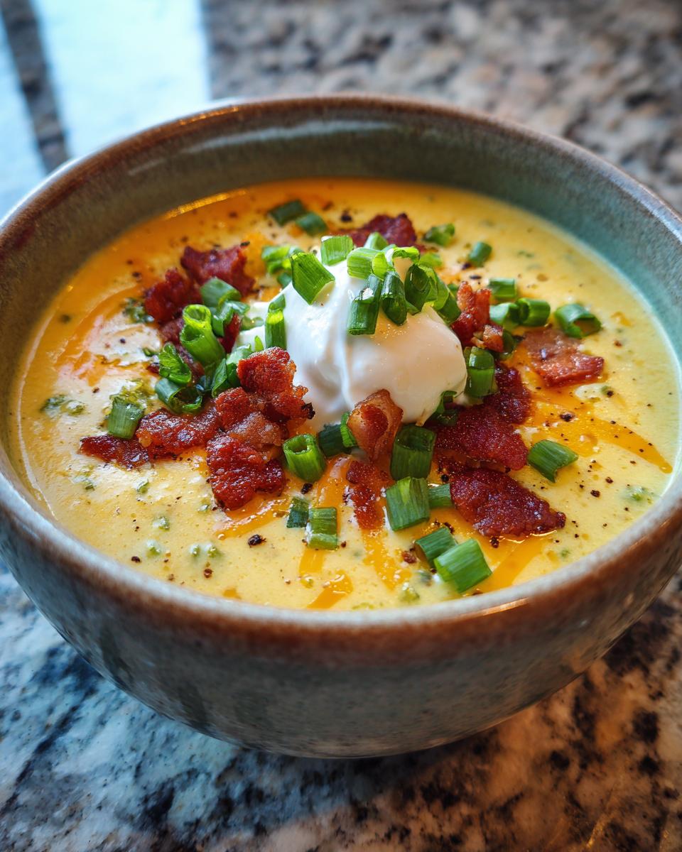 A close-up of a bowl of loaded broccoli cheddar soup topped with sour cream, bacon, and chives.