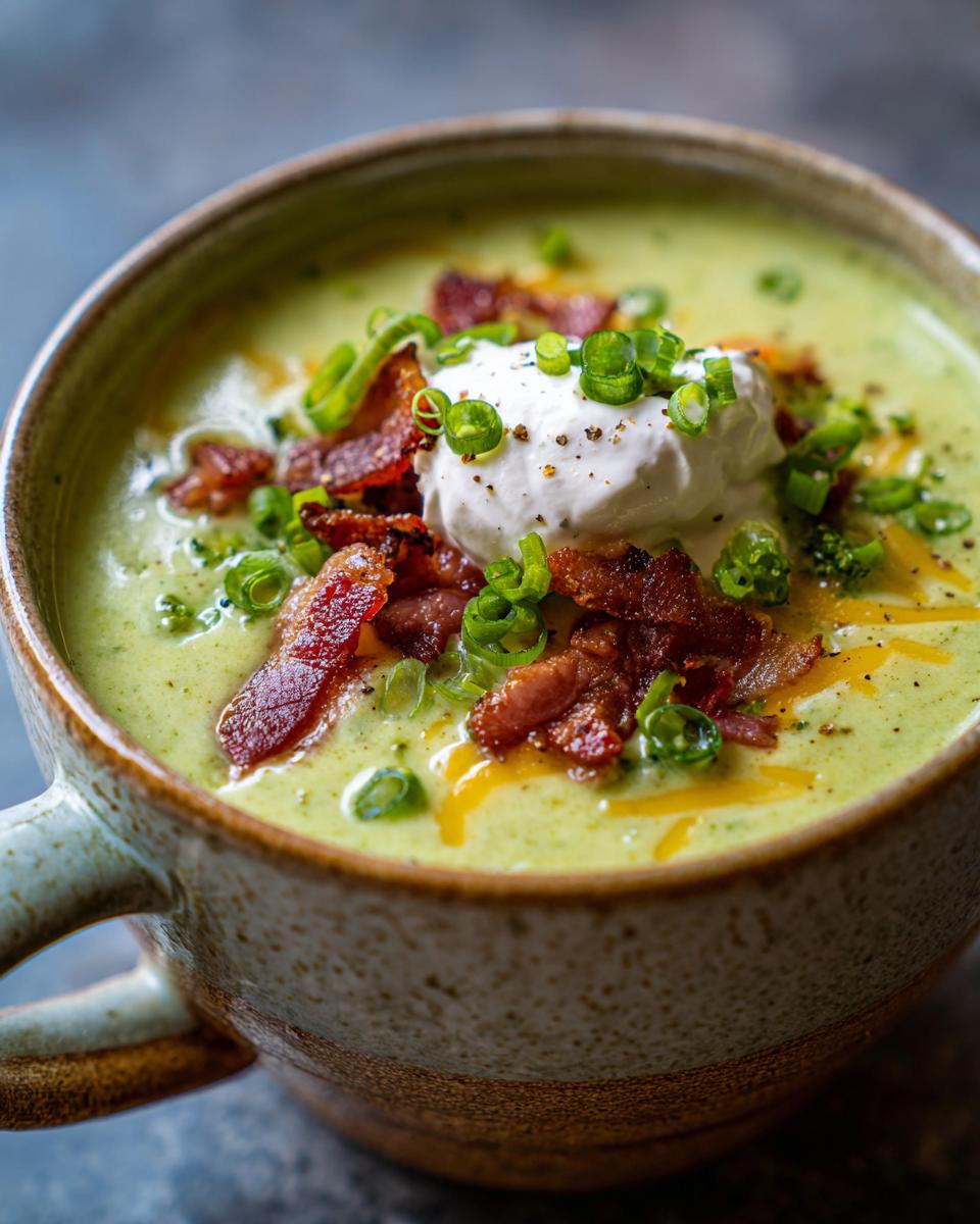 A close-up of a bowl of loaded broccoli cheddar soup, topped with bacon, sour cream, and green onions.