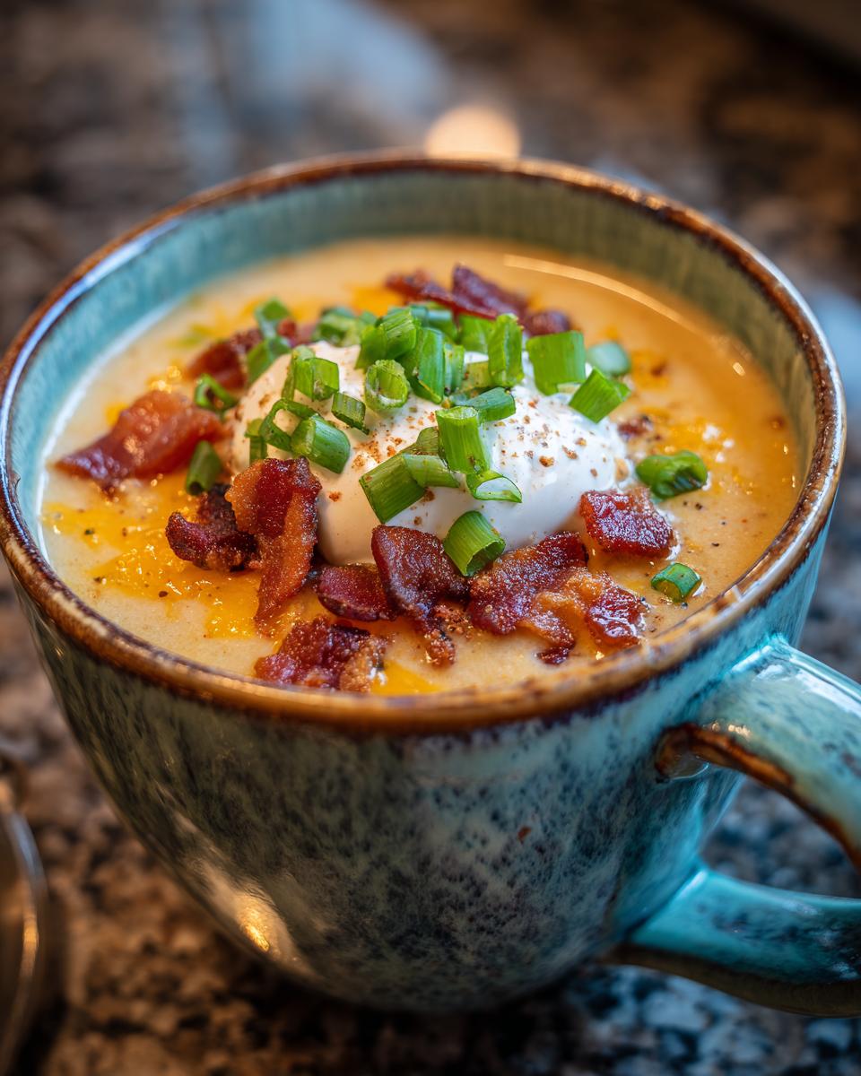 A comforting bowl of loaded broccoli cheddar soup, topped with sour cream, bacon bits, and fresh green onions.