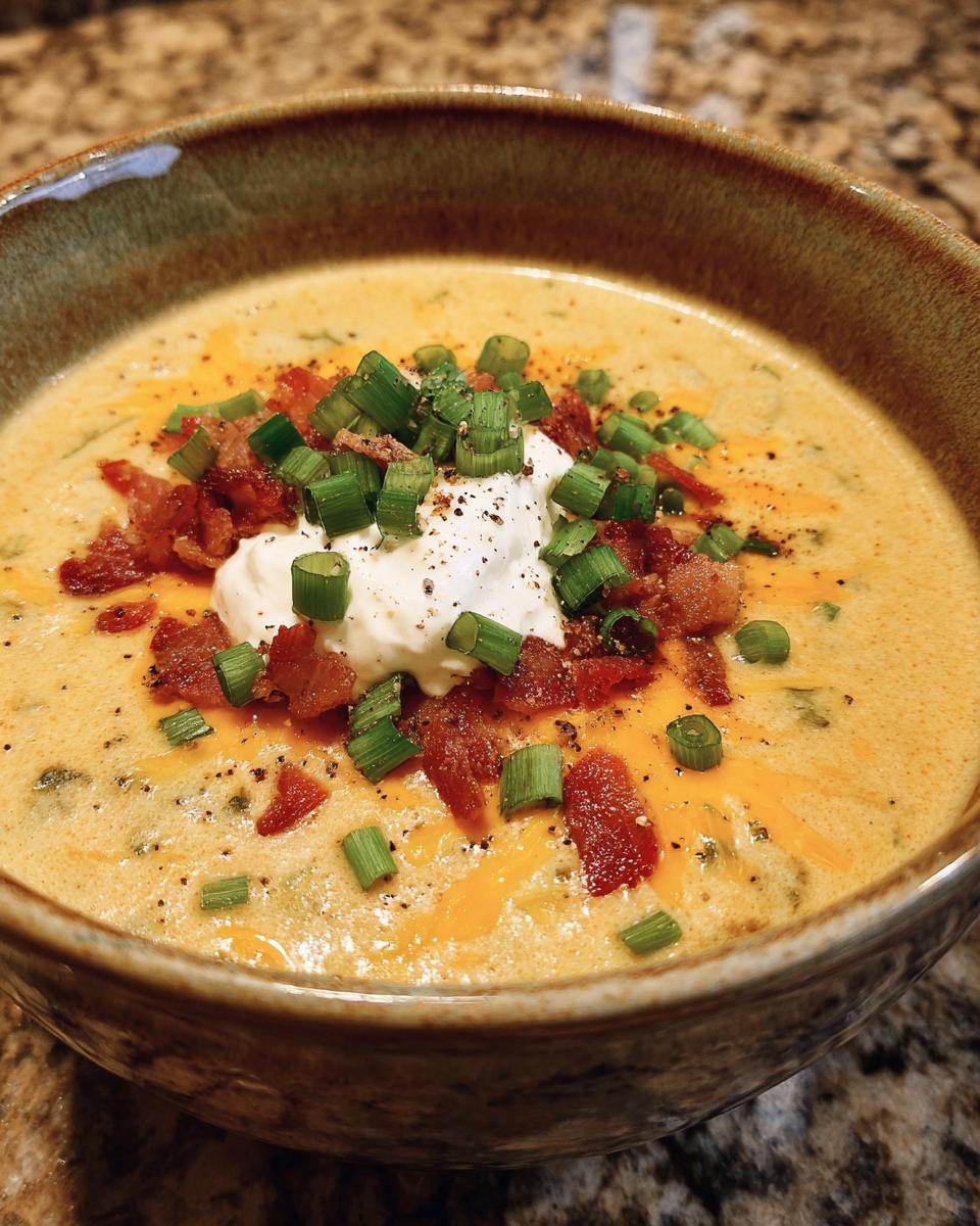 A close-up of a bowl of loaded broccoli cheddar soup, topped with sour cream, bacon bits, and chopped green onions.