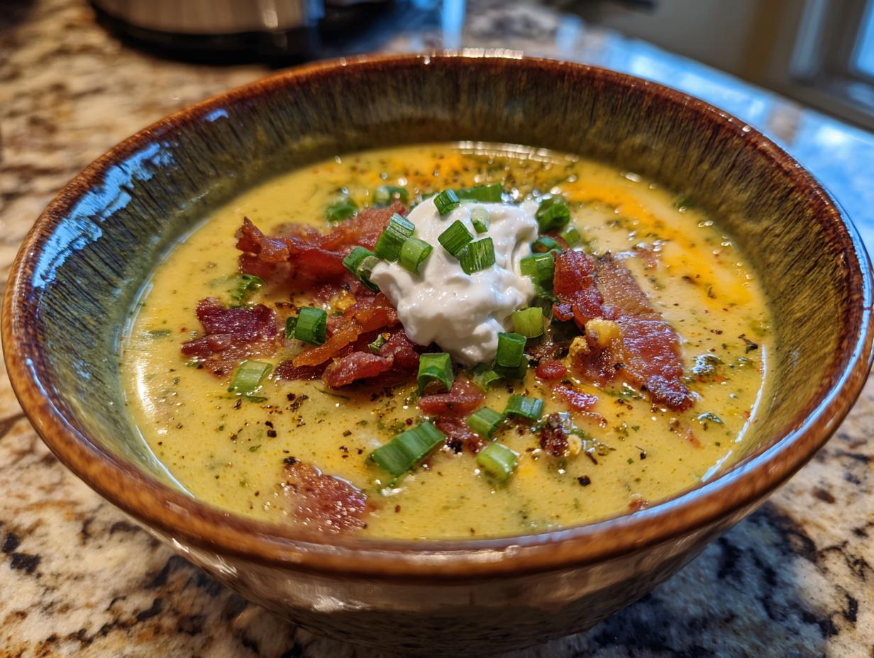 A bowl of loaded broccoli cheddar soup topped with bacon, sour cream, and chives.