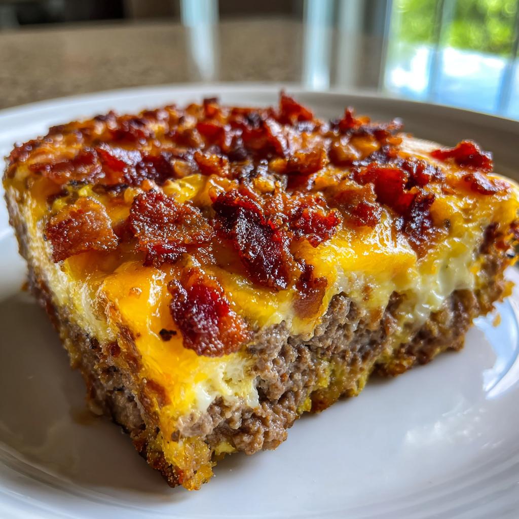A close-up of a slice of Low-Carb Bacon Cheeseburger Casserole, featuring layers of ground beef, melted cheese, and crispy bacon.