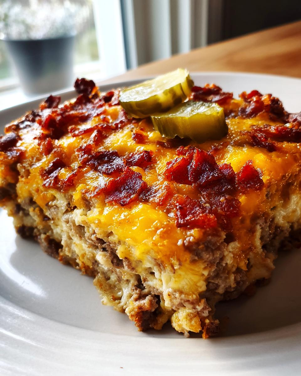 A slice of Low-Carb Bacon Cheeseburger Casserole topped with crispy bacon, melted cheese, and pickles.