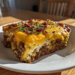 A delicious slice of Low-Carb Bacon Cheeseburger Casserole topped with melted cheese and bacon.
